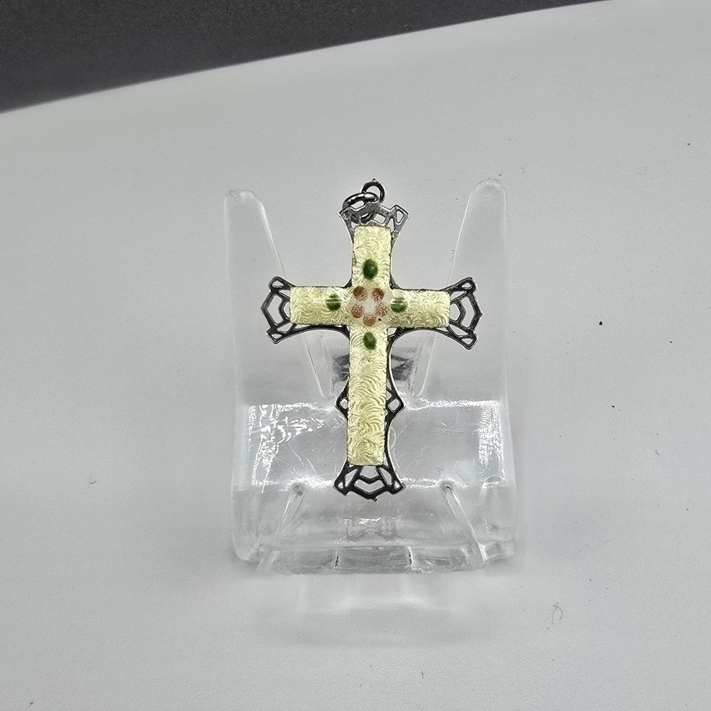Vintage Estate Cross Pendant Yellow Enamel Floral Guilloche Silver Tone 1.25in